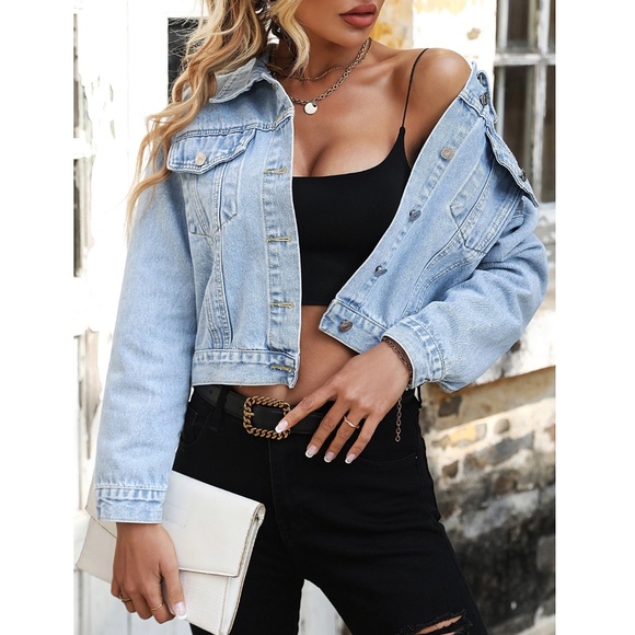 Light Wash Blue Denim Jean Jacket Classic Button Up / Down Front Pockets - Picture 4 of 9